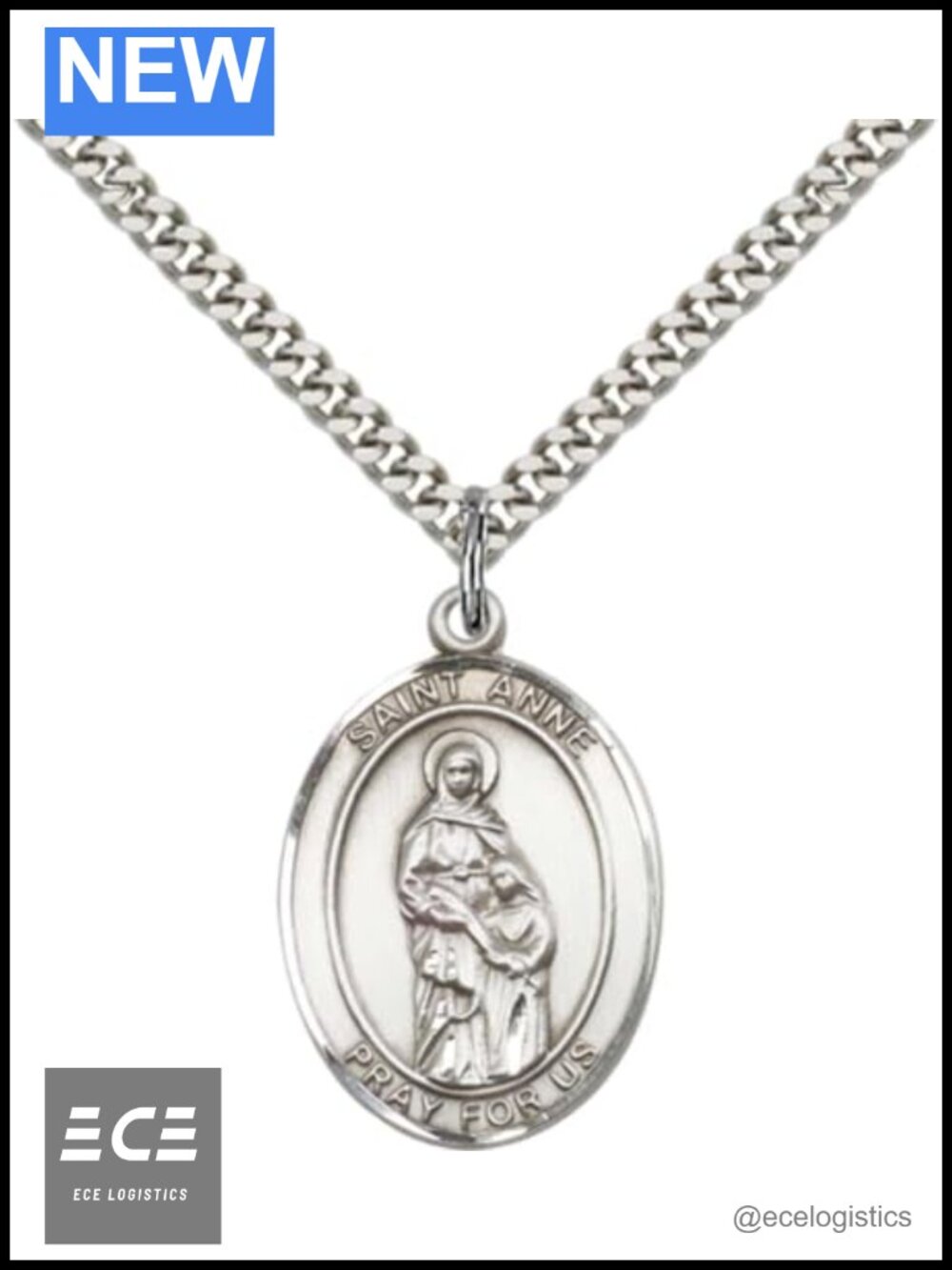 Sterling Silver Saint Anne Medal Pendant Necklace 18" Stainless Steel Chain
